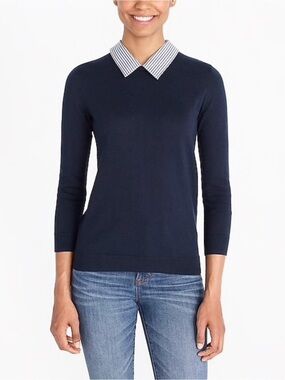 J. Crew Women’s Woven Collar Sweater in Navy Stripe Size Small NWT